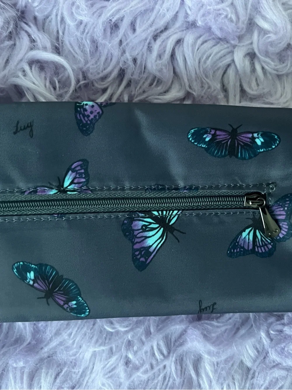 lug Black Phone Case Pouch with Iridescent Purple & Teal Butterflies